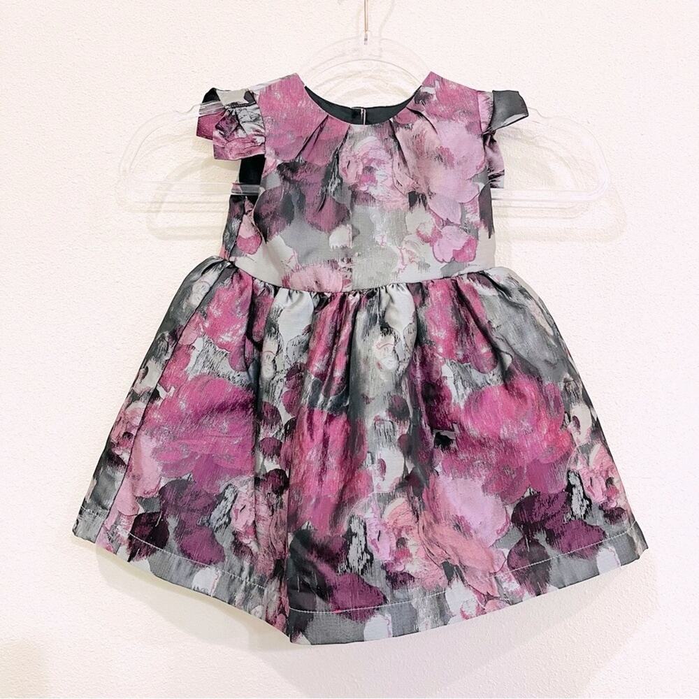 Mothercare Floral Gray Purple Pink Taffeta Dress Fully Lined Size 12-18 Months